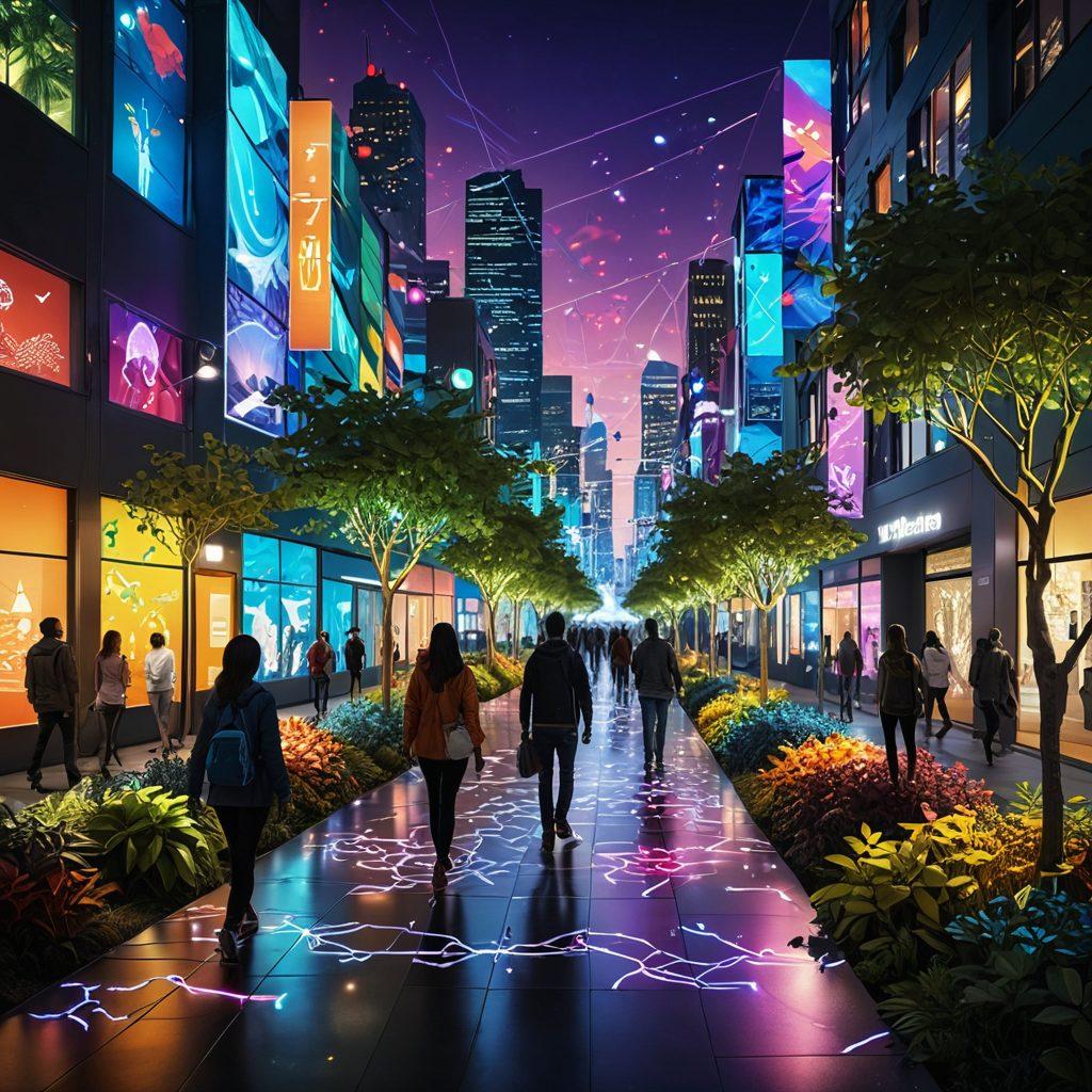 A vibrant digital landscape showcasing interconnected paths made of colorful tags and labels, with each path representing a different type of relationship. Silhouetted figures navigate these paths, symbolizing online connections, while glowing nodes illustrate meaningful interactions. The background features a digital cityscape, blending technology with nature. super-realistic. vibrant colors. 3D.