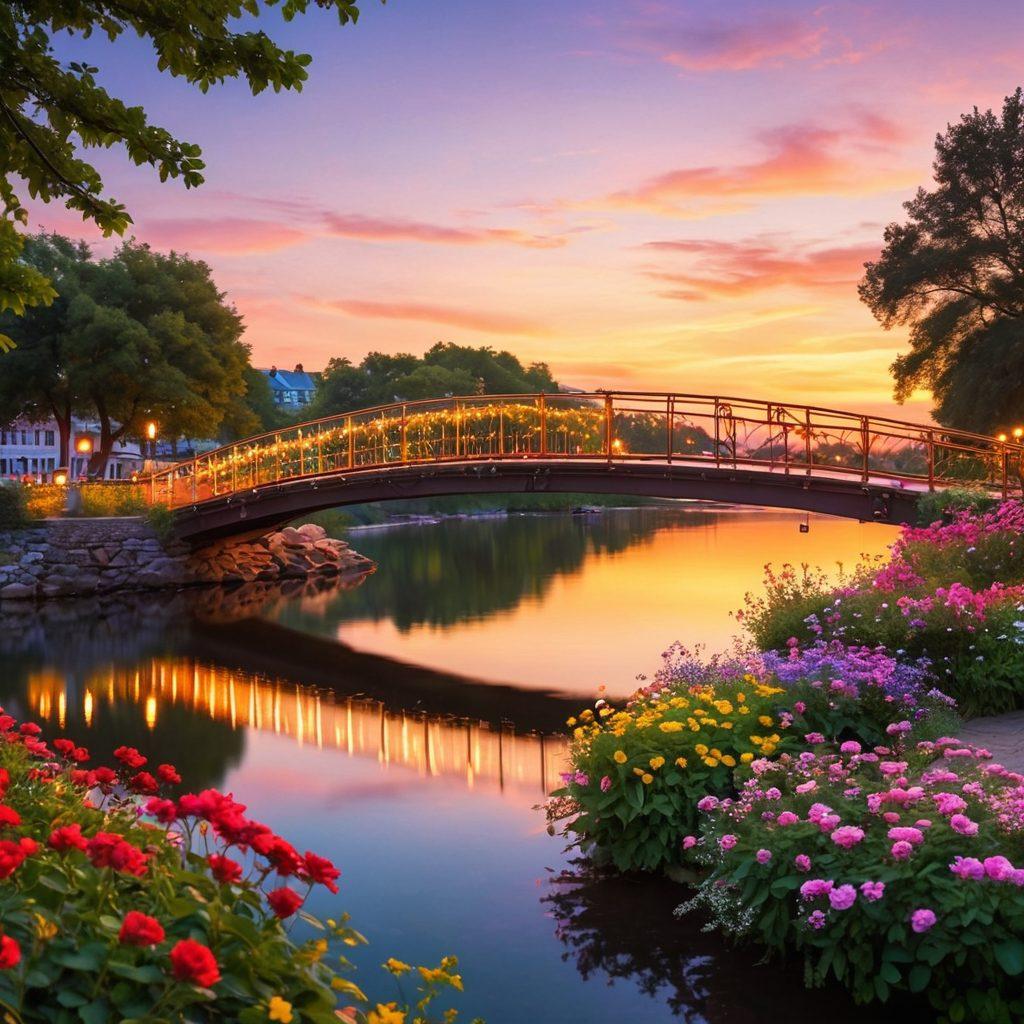 A picturesque scene showcasing various charming bridges adorned with blooming flowers and twinkling lights, symbolizing connection and engagement. Each bridge represents a different aspect of online presence, such as social media, websites, and communication. The background features a serene river reflecting vibrant colors of the sunset, creating a warm, inviting atmosphere. super-realistic. vibrant colors. soft bokeh effect.